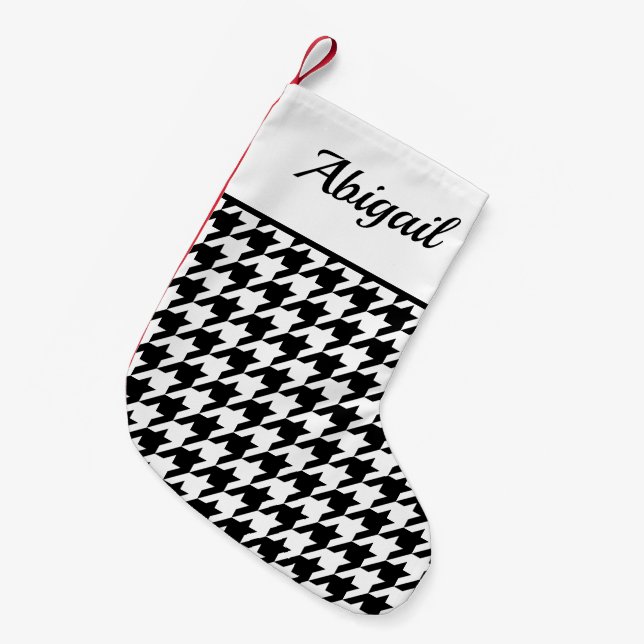 Meia De Natal Pequena Padrão de Houndstooth Personalizado Preto Branco (Frente (Pendurada))
