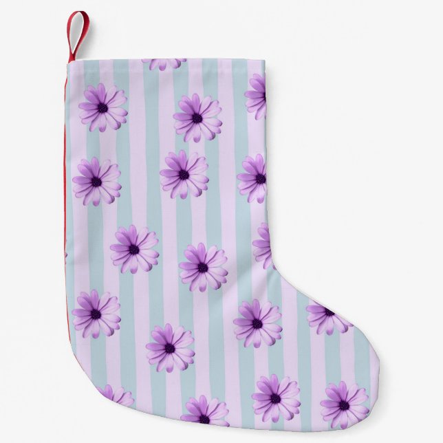 Meia De Natal Pequena padrão de margarida listrada de azul e roxo (Frente)