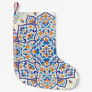 Meia De Natal Pequena Padrão de Ornamento Azul Laranja de Luxo