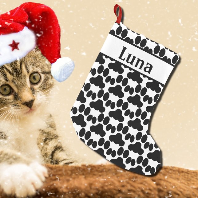 Meia De Natal Pequena padrão de pata de gato preto&branco personalizado (Criador carregado)