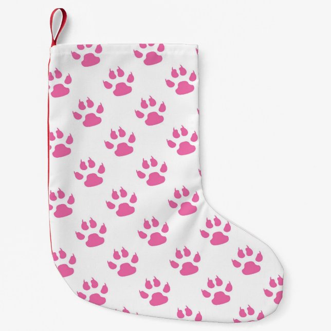 Meia De Natal Pequena Padrão de patas de gatos rosa (Frente)