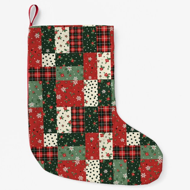 Meia De Natal Pequena Padrão de patchwork natal verde vermelho (Frente)