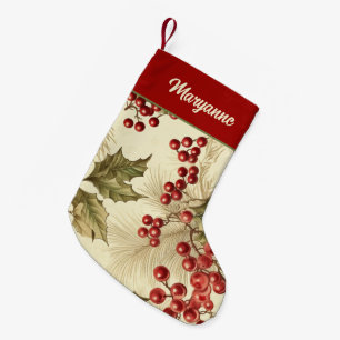 Meia De Natal Pequena Padrão de Poinsettia e Frutas Vintage