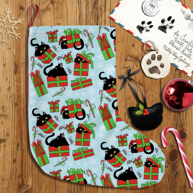 Meia De Natal Pequena Padrão de Presentes de Natal de Gato Preto (Criador carregado)