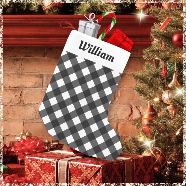 Meia De Natal Pequena Padrão de Verificação de Xadrez de Buffalo Persona (A Christmas stocking with black and white buffalo plaid pattern. Personalize with a name at the top)