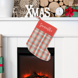 Meia De Natal Pequena Padrão de Xadrez Verde Vermelho do Script de Calig