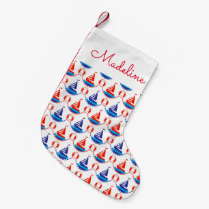 Meia De Natal Pequena Padrão do Barco de Velas  Adicione Seu Nome