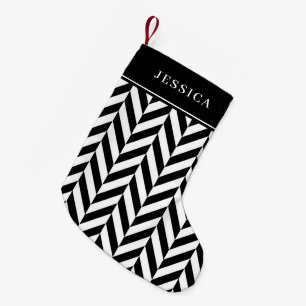 Meia De Natal Pequena Padrão Elegante Black & White Herringbone Stripes