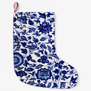 Meia De Natal Pequena Padrão floral azul-marinho chinês em branco