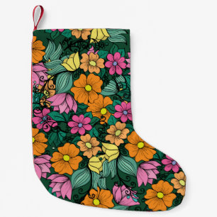 Meia De Natal Pequena padrão floral brilhante sobre fundo verde. Vinta