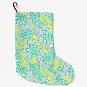 Meia De Natal Pequena Padrão floral verde-amarelo