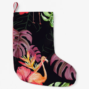 Meia De Natal Pequena Padrão incolor de flor de hibisco, flamingos e