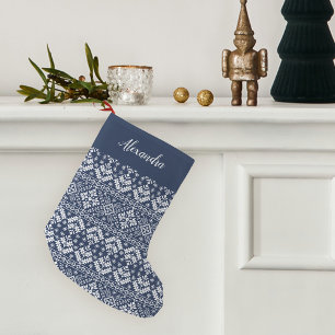 Meia De Natal Pequena Padrão marinho Azul Nórdico do Sweater Personaliza