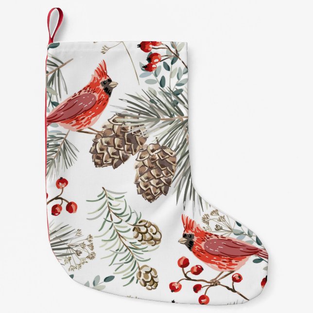 Meia De Natal Pequena Padrão perfeito de Natal, aves cardeais, vermelho (Frente)