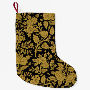 Meia De Natal Pequena Padrão Preto Floral Ouro Antigo Trabalho a Lacagem