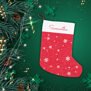 Meia De Natal Pequena Padrão Red White Snowflakes Stars com Nome