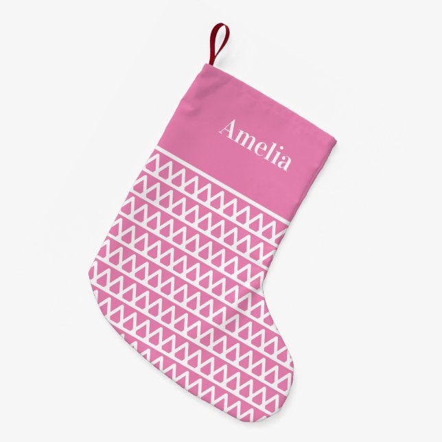 Meia De Natal Pequena Padrão Rosa de Nome Personalizado (Frente (Pendurada))
