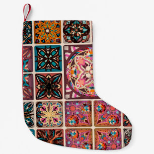 Meia De Natal Pequena Padrão sem costura com mandalas decorativas. Vinta
