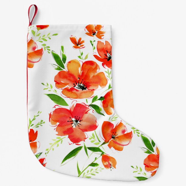 Meia De Natal Pequena Padrão sem costura de aquarela flores de laranja (Frente)