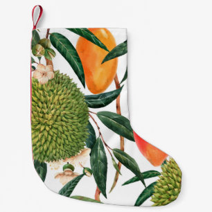 Meia De Natal Pequena Padrão tropical aquarela, fruta duriana, manga o