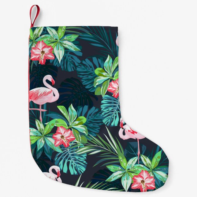 Meia De Natal Pequena Padrão tropical de verão sem costura com flamingo  (Frente)
