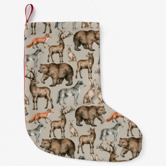 Meia De Natal Pequena Padrão uniforme de aquarela com anima florestal se