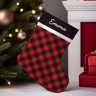 Meia De Natal Pequena Padrão Xadrez Plaid de Búfalo Personalizado Monogr