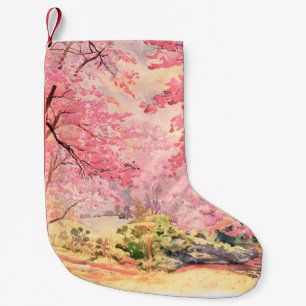 Meia De Natal Pequena Paisagem de aquarela paisagem rosa flor vermelha d