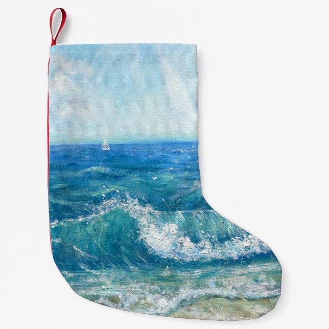 Meia De Natal Pequena Paisagem de verão, ondas azuis, pintura acrílica. (Frente)