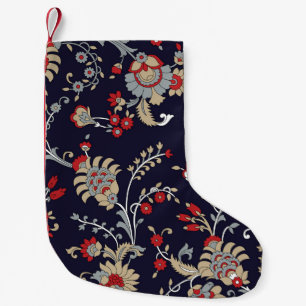 Meia De Natal Pequena paisley indiano, fundo marinho, tradicional.