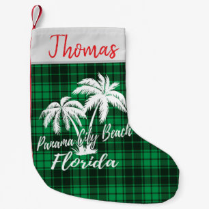 Meia De Natal Pequena Panamá City Beach Flórida Palm Trees Xadrez Verd