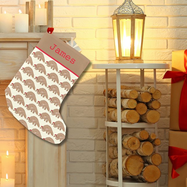 Meia De Natal Pequena Pangolina Festiva Espécies Ameaçadas De Extinção N (Christmas pangolin wearing a Santa hat pattern personalized name holiday stocking)