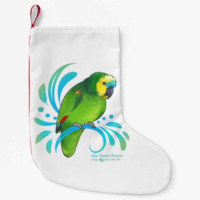 Meia De Natal Pequena Papagaio Amazônico Fronteira Azul (Frente)