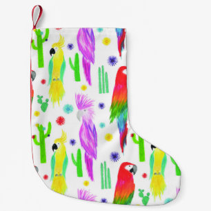 Meia De Natal Pequena Papagaios coloridos, padrão desenhado à mão.