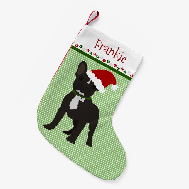 Meia De Natal Pequena Papais noeis Black French Bulldog Personalizado (Frente (Pendurada))