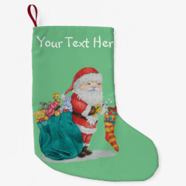 Meia De Natal Pequena papais noeis com saco verde cheios de presentes de