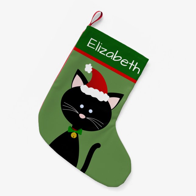 Meia De Natal Pequena Papais noeis de Jingle Bell Gatinho preto (Frente (Pendurada))