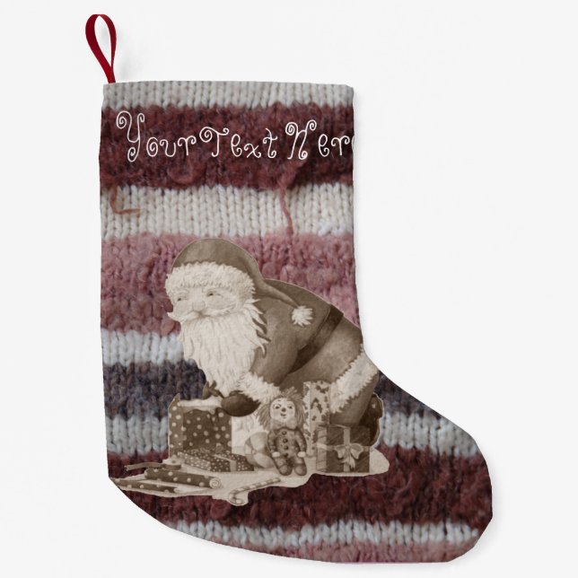 Meia De Natal Pequena papais noeis de listras tricotadas se preparando p (Frente)