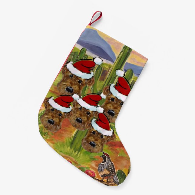 Meia De Natal Pequena Papais Noel Airedale (Frente (Pendurada))