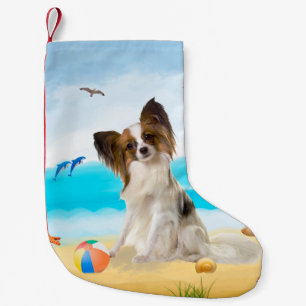 Meia De Natal Pequena Papillon Dog na Praia