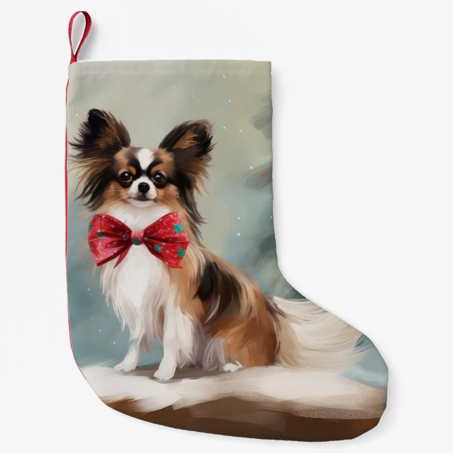 Meia De Natal Pequena Papillon Dog no Natal da Neve (Frente)