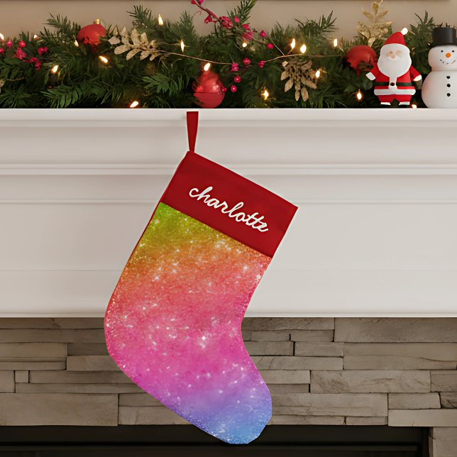 Meia De Natal Pequena Parada de Natal brilhante Rainbow Glitter (cute fun girly rainbow glitter Christmas stocking with custom name in script calligraphy)