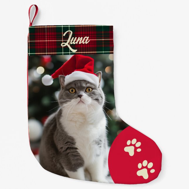 Meia De Natal Pequena Parada de Natal de Foto de Cat Personalizada (Frente)