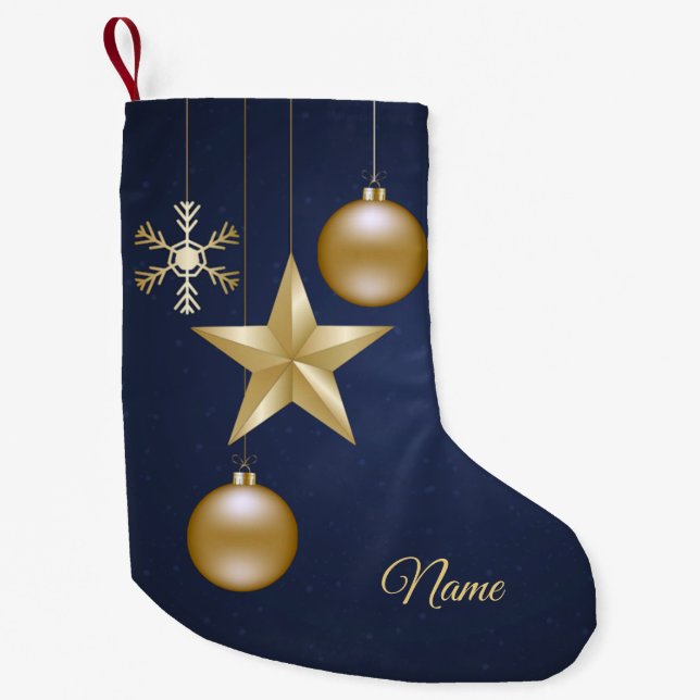 Meia De Natal Pequena Party Golden Ornaments Navy Blue Elegant (Frente)