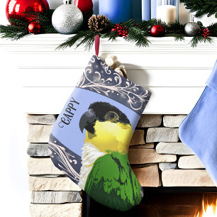 Meia De Natal Pequena Pássaro Azul-Pássaro Pinto-de-Caique-Preto