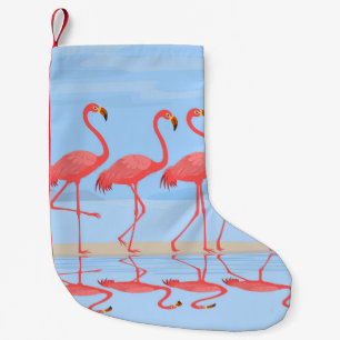 Meia De Natal Pequena Pássaro Flamingo caminhando na praia em design de