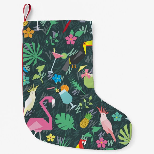 Meia De Natal Pequena Pássaros Tropicais Bebem: Vibrante Sem Costura. (Frente)