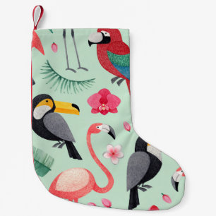 Meia De Natal Pequena Pássaros tropicais, flores, padrão de aquarela.