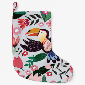Meia De Natal Pequena Pássaros tropicais, padrão de rabiscos florais.