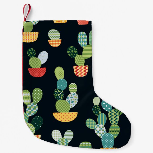 Meia De Natal Pequena Patchwork Cactus Vegetais sem Olhos Padrão (Frente)
